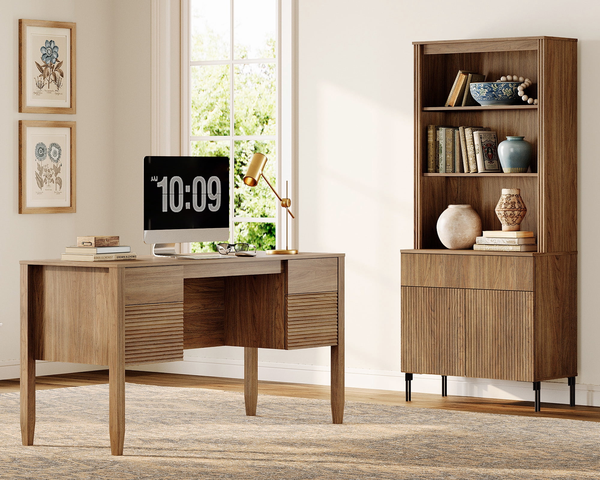 WAMPAT 2 Piece Home Office Furniture Set, 58" Desk with 71.5" Bookcase, Bookcase with 1 Drawer & 2 Doors, Adjustable Shelves, Modern Fluted Wood Office Furniture for Home Office, Study Room, Bedroom