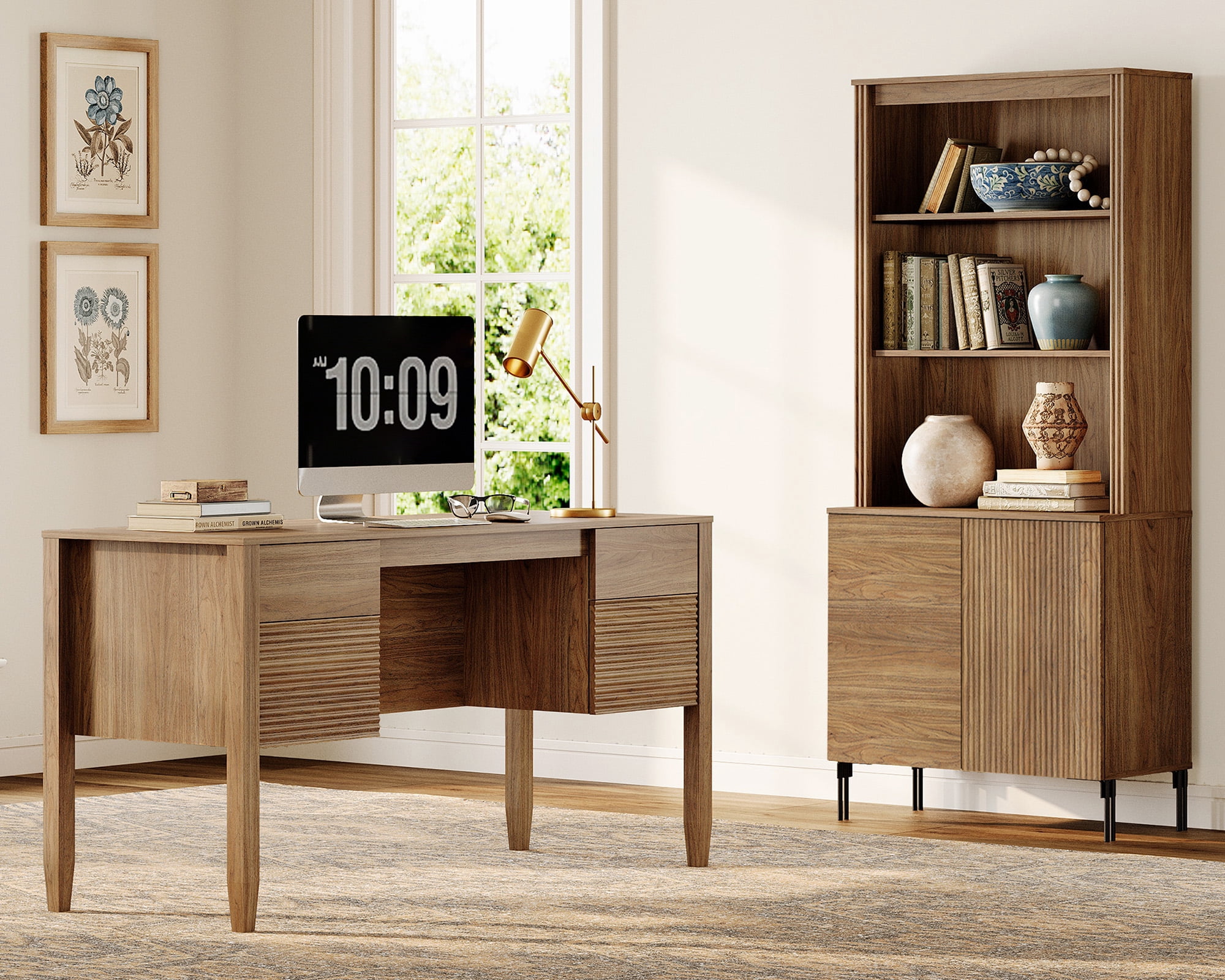 WAMPAT 2 Piece Home Office Furniture Set, 58" Writing Desk with 71.5" T Bookcase, Bookcase with 2 Doors, Adjustable Shelves, Modern Fluted Wood Office Furniture for Home Office, Study Room, Bedroom