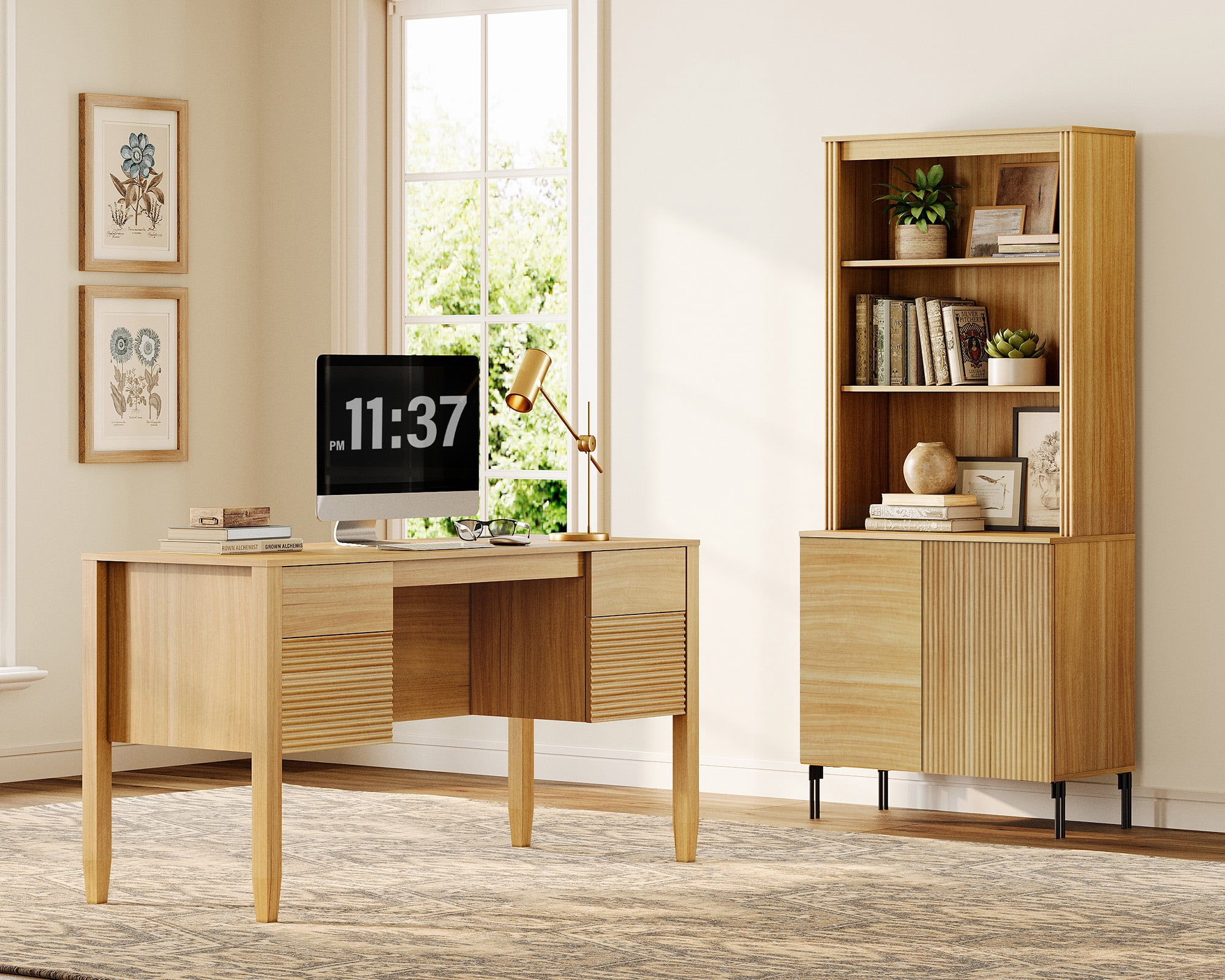 WAMPAT 2 Piece Home Office Furniture Set, 58" Writing Desk with 71.5" T Bookcase, Bookcase with 2 Doors, Adjustable Shelves, Modern Fluted Wood Office Furniture for Home Office, Study Room, Bedroom