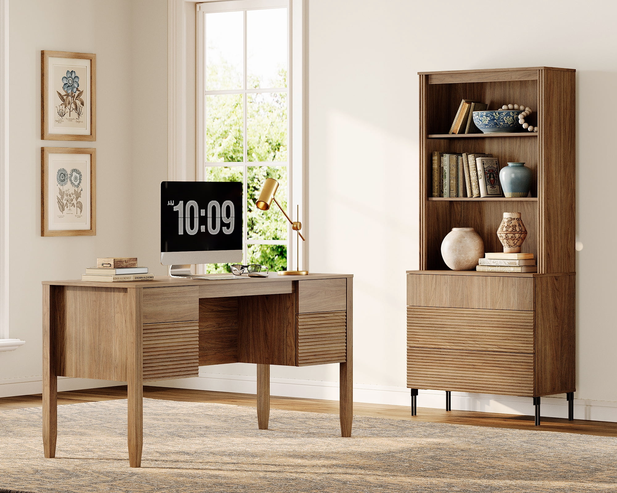 WAMPAT 2 Piece Home Office Furniture Set, 58" Writing Desk with 71.5" T Bookcase, Bookcase with 3 Drawers, Adjustable Shelves, Modern Fluted Wood Office Furniture for Home Office, Study Room, Bedroom