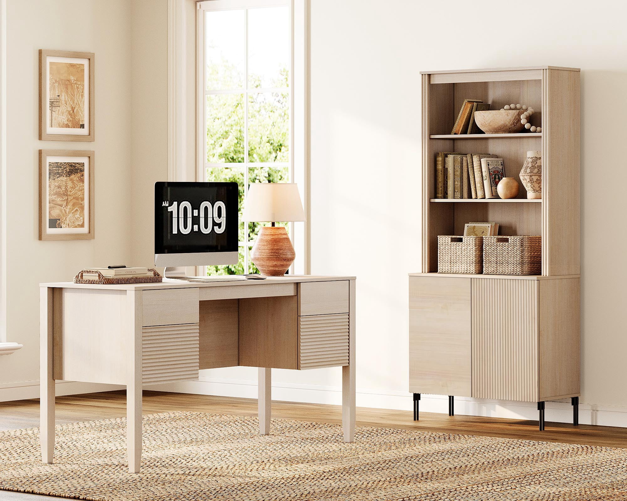 WAMPAT 2 Piece Living Room Furniture Set, 58 Inch Console Table with 71.5 Inch Tall Bookcase, Double Door Storage Cabinet, Adjustable Shelves, Modern Fluted Storage Set for Living Room