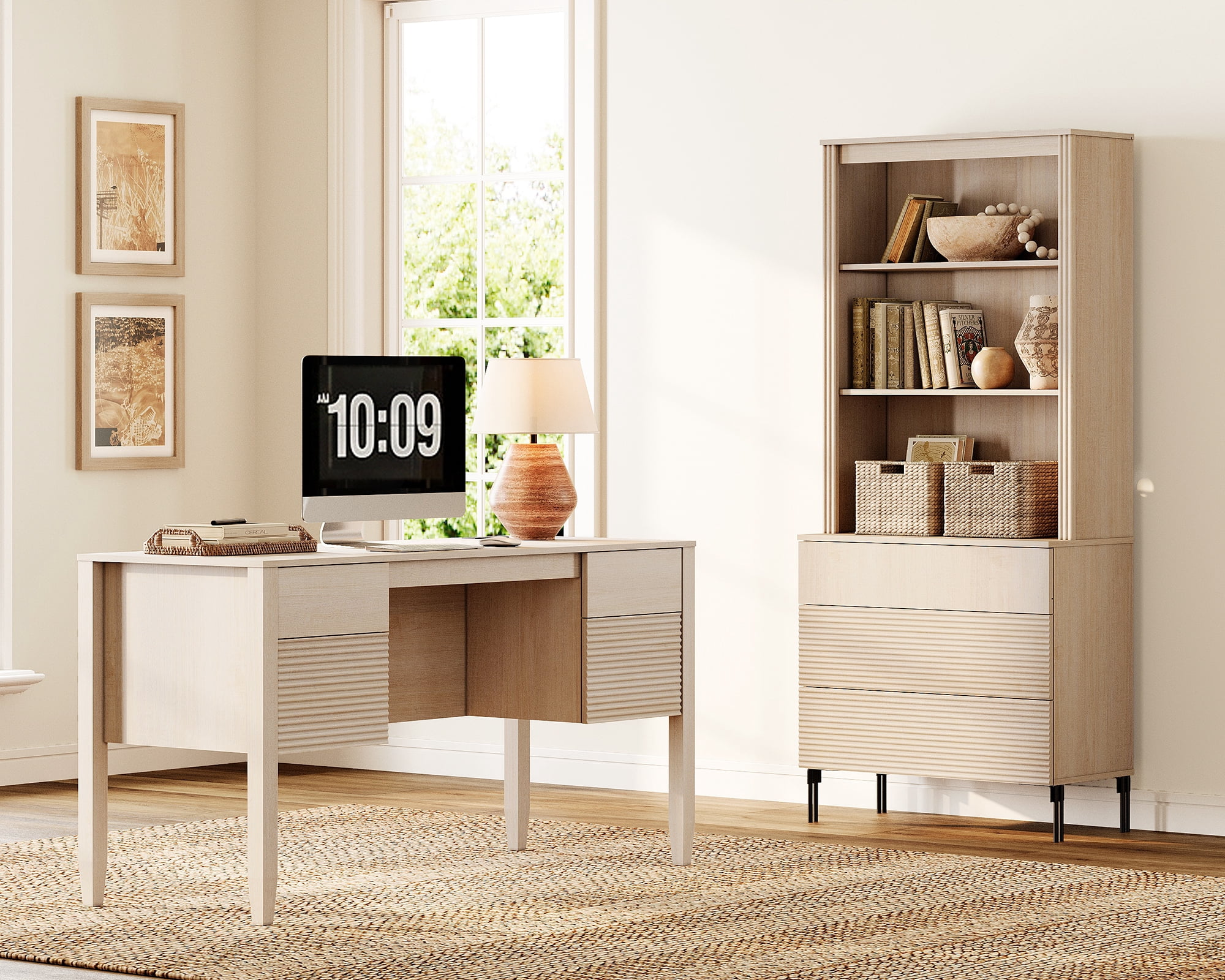 WAMPAT 2 Piece Living Room Furniture Set, 58 Inch W Console Table with 71.5 Inch H Tall Bookcase, 3 Storage Drawers, Adjustable Shelves, Modern Fluted Wood Display Storage Set for Living Room