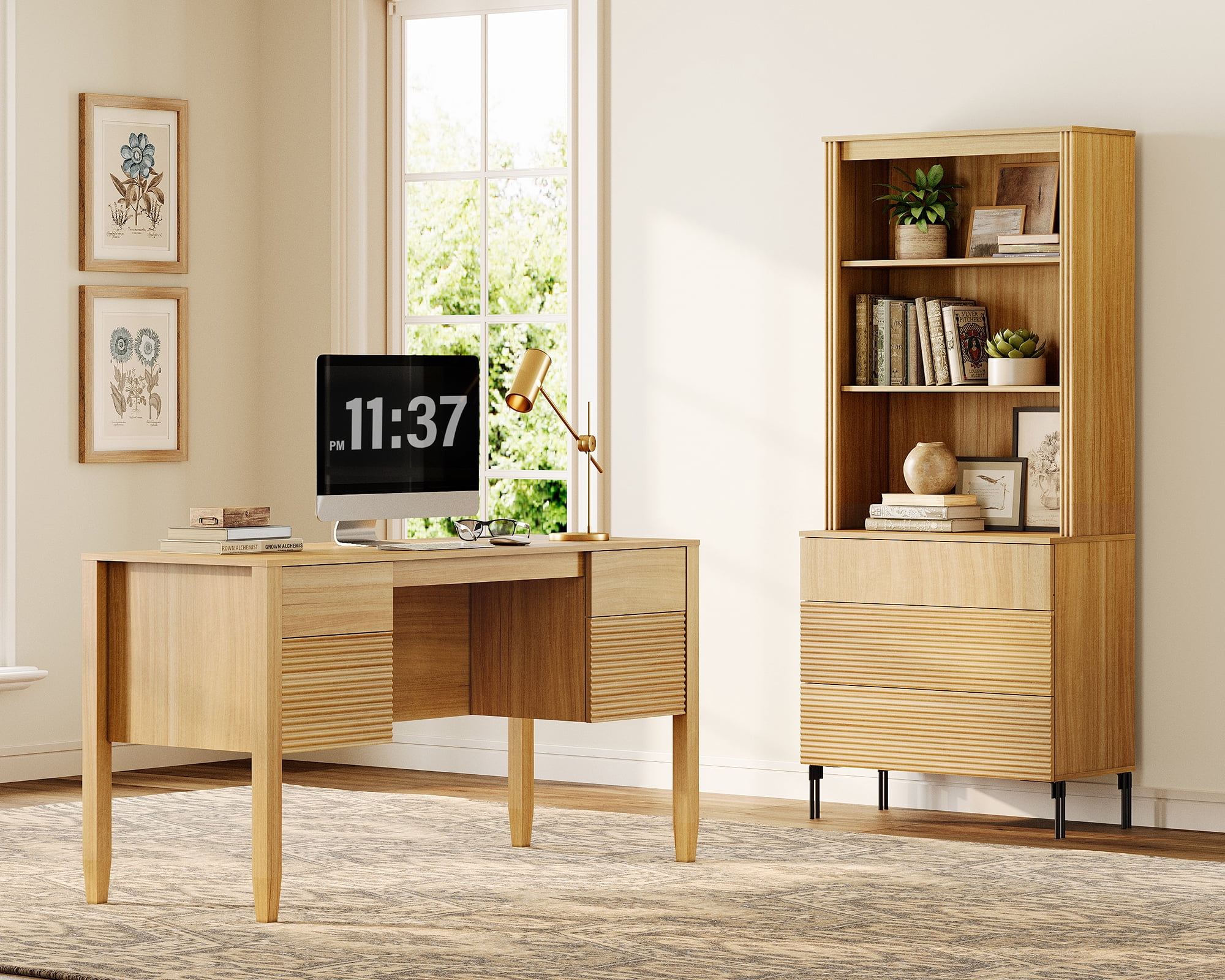 WAMPAT 2 Piece Living Room Furniture Set, 58 Inch W Console Table with 71.5 Inch H Tall Bookcase, 3 Storage Drawers, Adjustable Shelves, Modern Fluted Wood Display Storage Set for Living Room