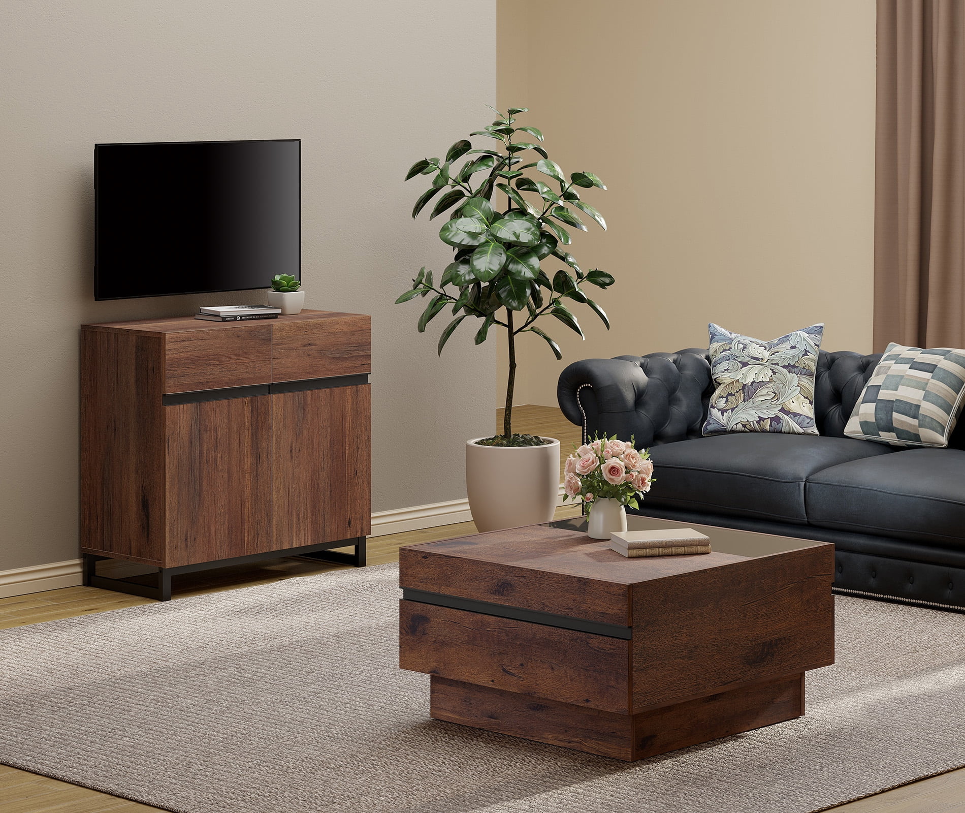 WAMPAT 2-Piece Living Room Set, 31.5" Modern TV Stand Entertainment Center, Square Coffee Table with Tempered Glass Top & 2 Storage Drawers, Brown