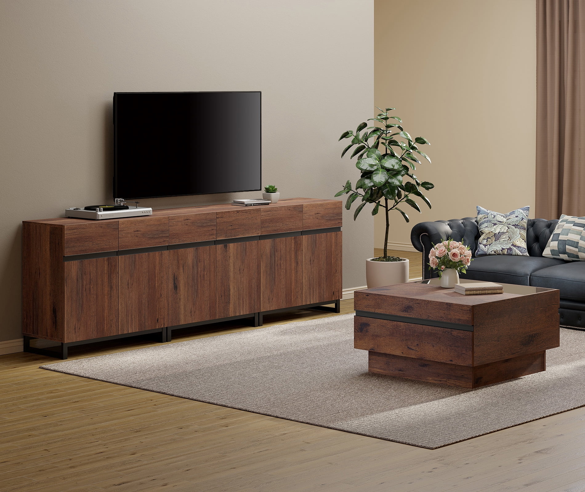 WAMPAT 2-Piece Living Room Set, 94.5" Modern TV Stand Entertainment Center, Square Coffee Table with Tempered Glass Top & 2 Storage Drawers, Brown