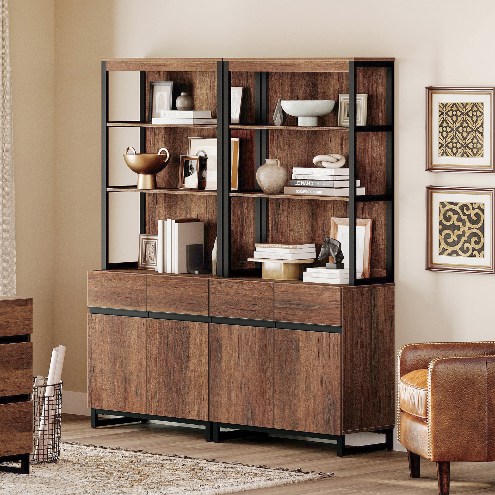 WAMPAT 2-Piece Modern 72" Tall Bookcases, Wood Bookshelves with Metal Base, Adjustable Shelves, Storage Cabinet & Open Shelving,Library Shelf for Home Office & Living Room