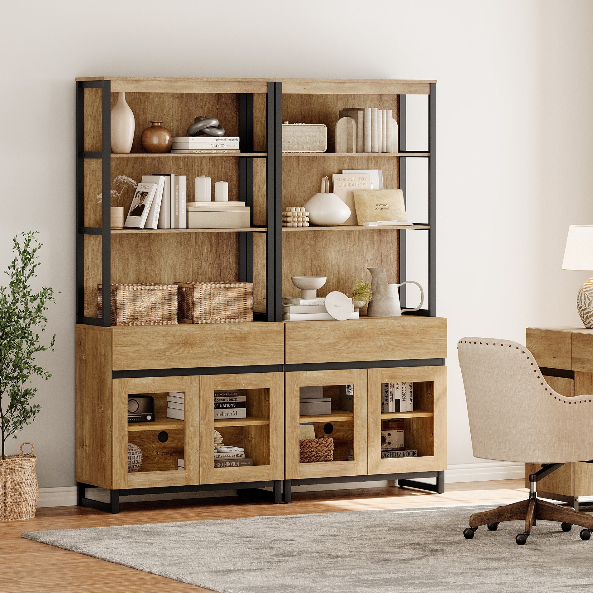 WAMPAT 2-Piece Modern 72" Tall Freestanding Bookcase,2 Drawers & Open Shelves with Glass Door Storage Cabinet, Wood Library Bookshelf for Home Office & Living Room