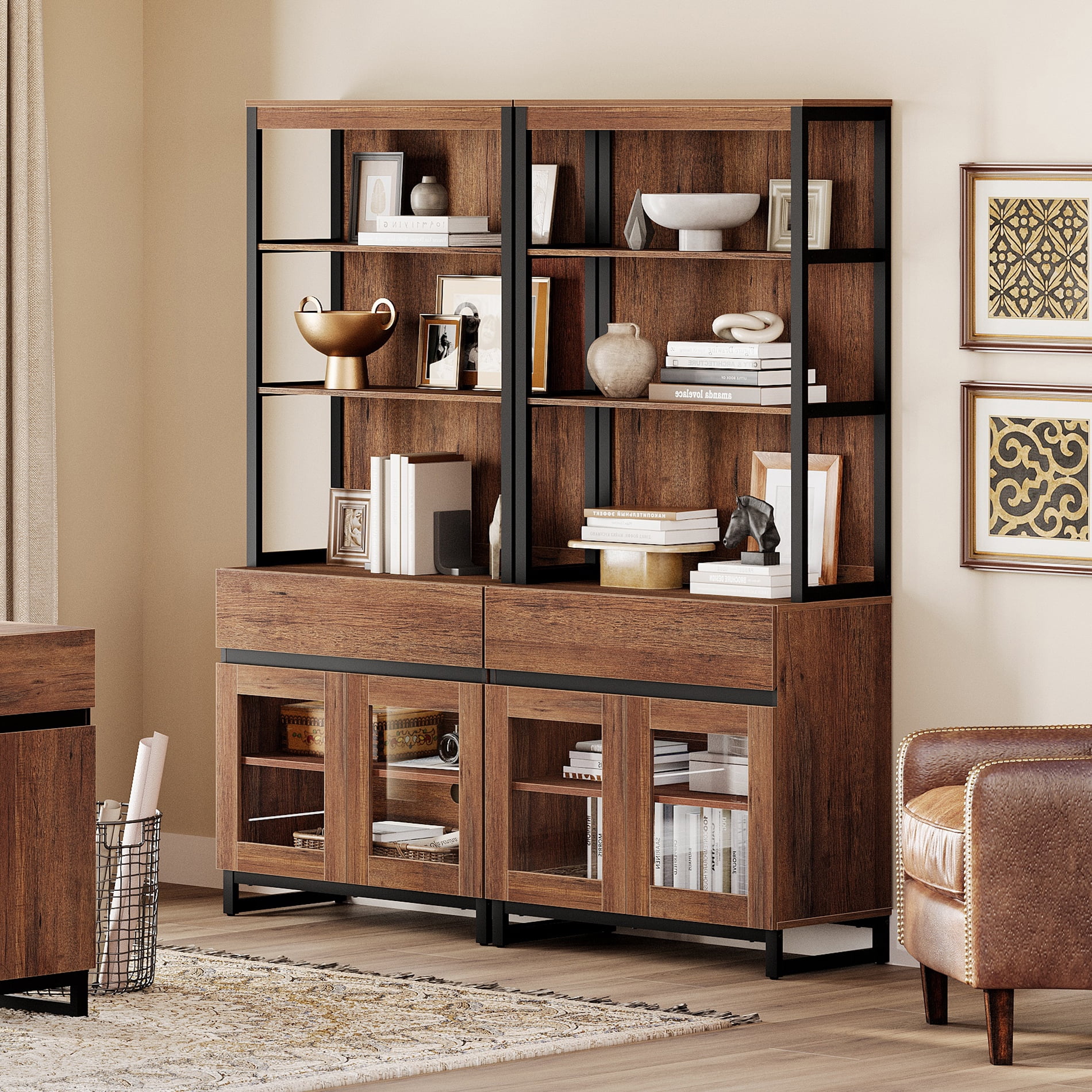 WAMPAT 2-Piece Modern 72" Tall Freestanding Bookcase,2 Drawers & Open Shelves with Glass Door Storage Cabinet, Wood Library Bookshelf for Home Office & Living Room