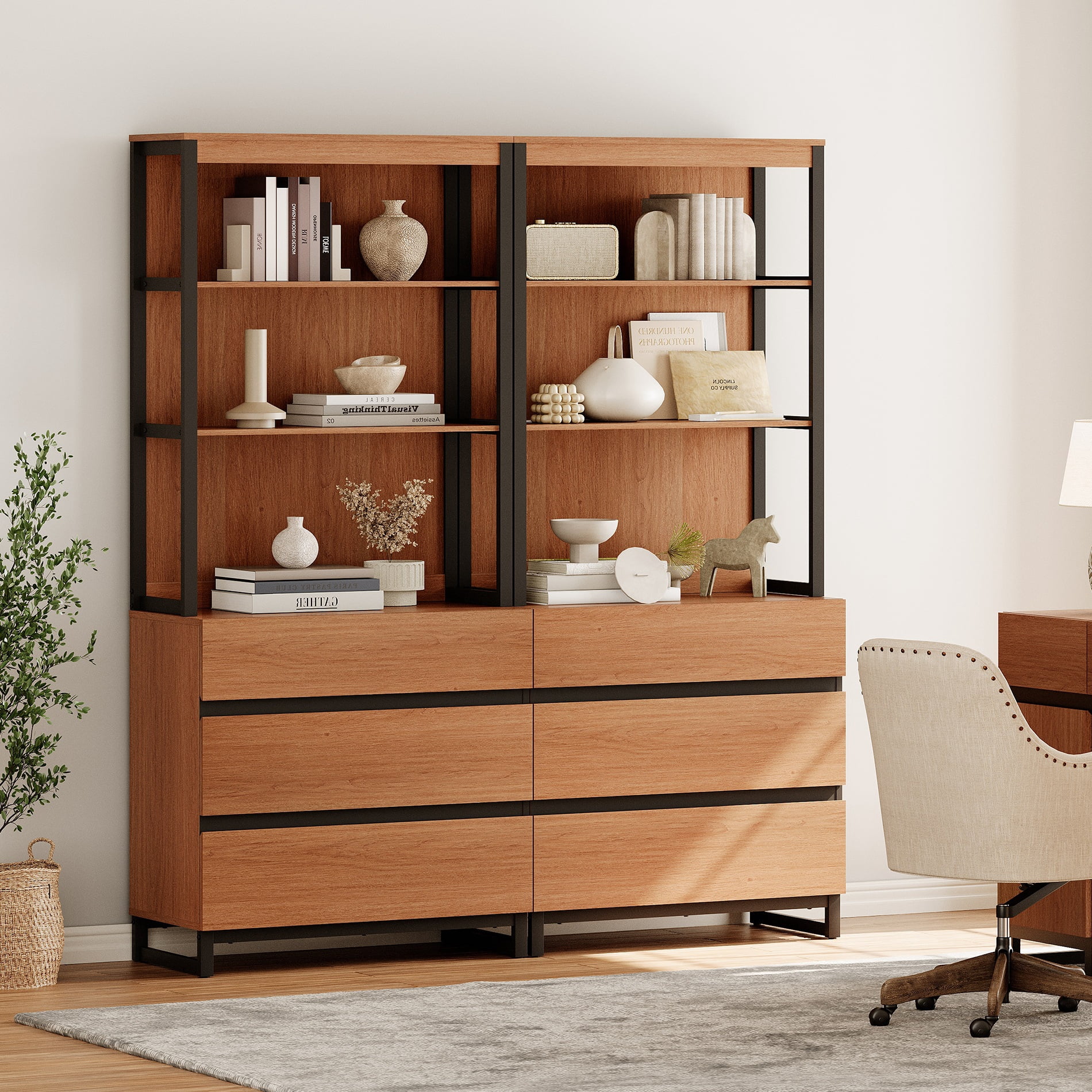 WAMPAT 2-Piece Modern 72" Tall Freestanding Bookcase，6 Drawers, Open Shelves & Storage Cabinet with Metal Base，Wood Library Bookshelf for Home Office & Living Room