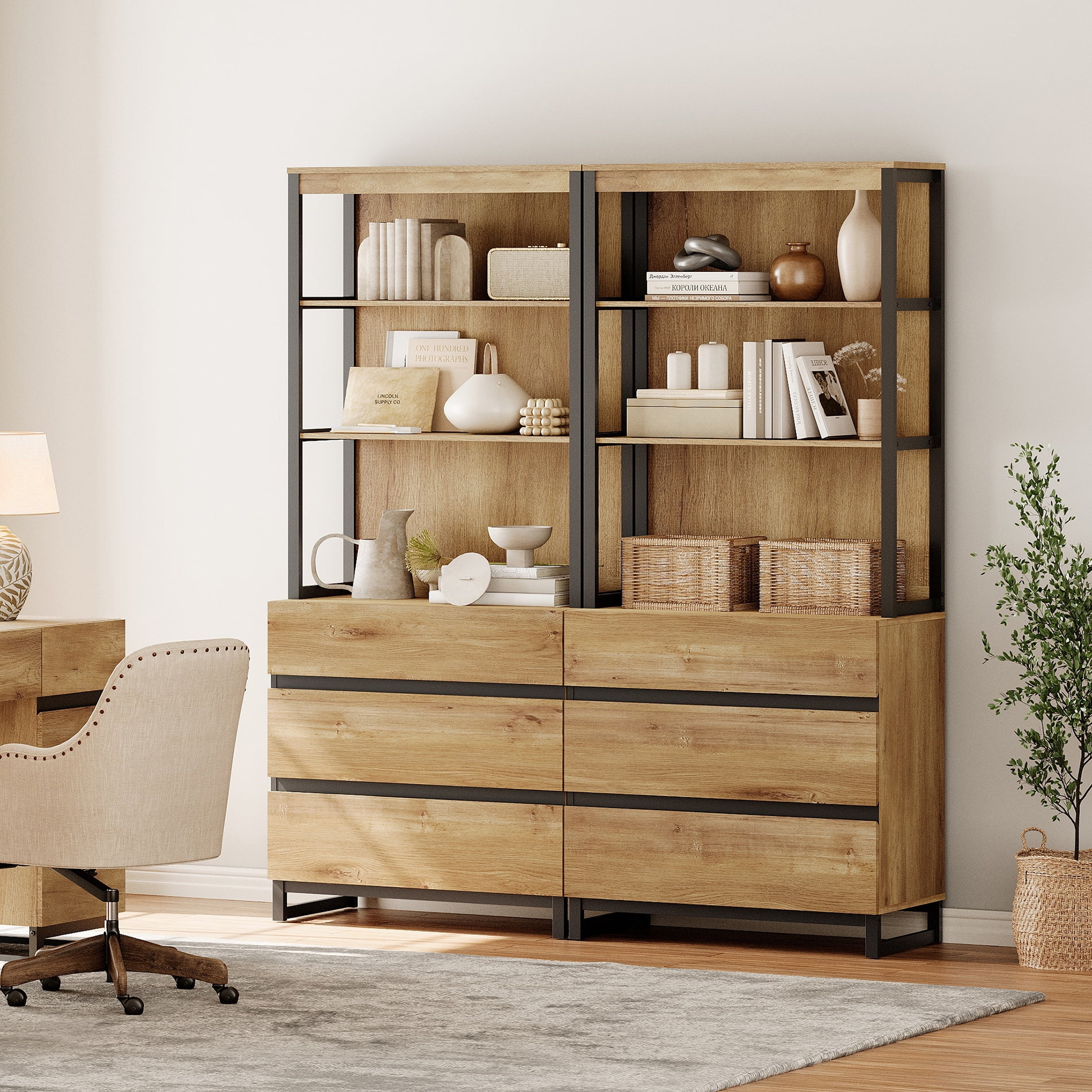 WAMPAT 2-Piece Modern 72" Tall Library Bookcases with 6 Drawers & Open Shelves, Wood Freestanding Bookshelves with Storage Cabinet & Metal Base for Home Office & Living Room, Oak