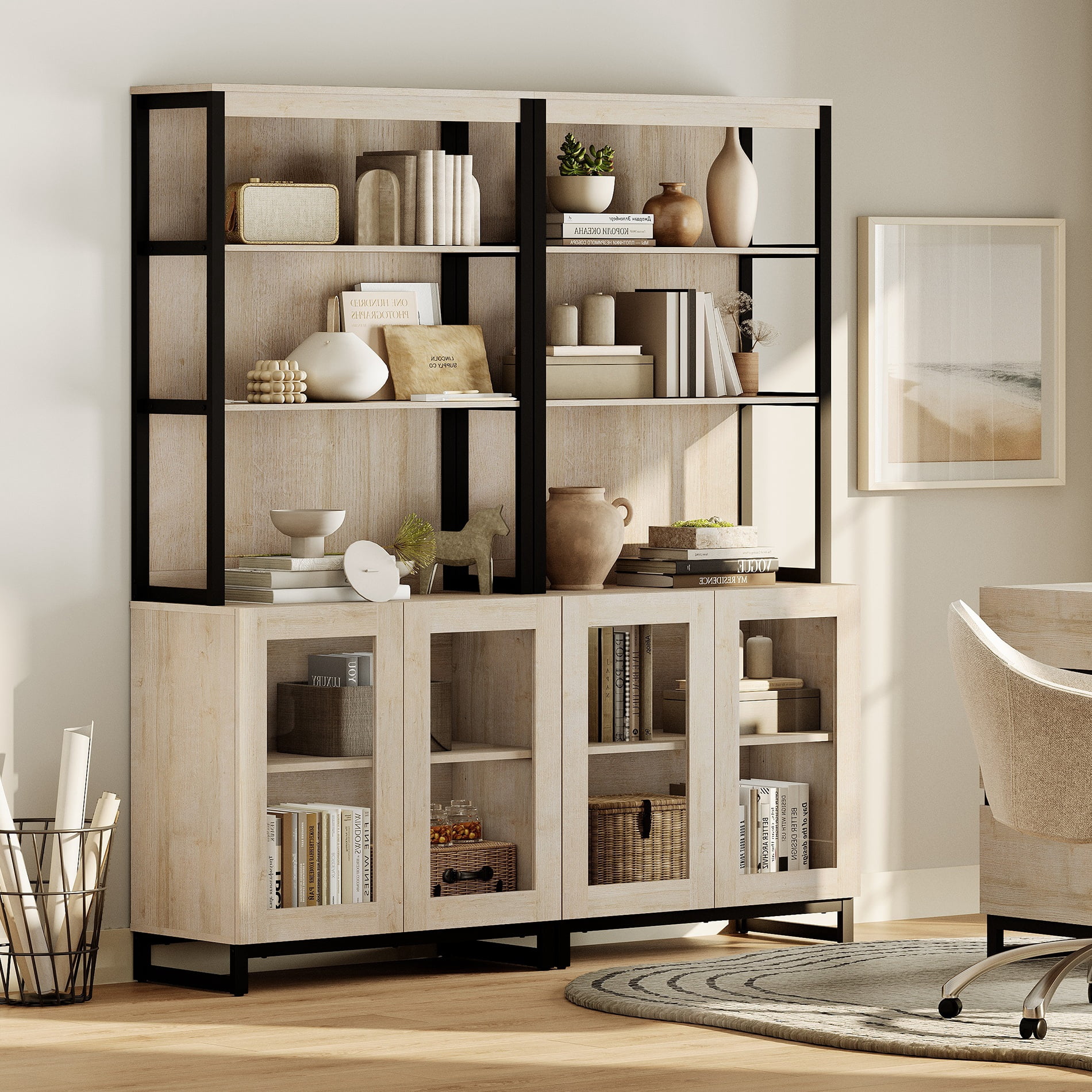 WAMPAT 2-Piece Modern 72" Tall Library Bookcases with Glass Doors & Adjustable Shelves, Wood Bookshelves with Storage Cabinet & Open Shelves for Home Office & Living Room, Beige