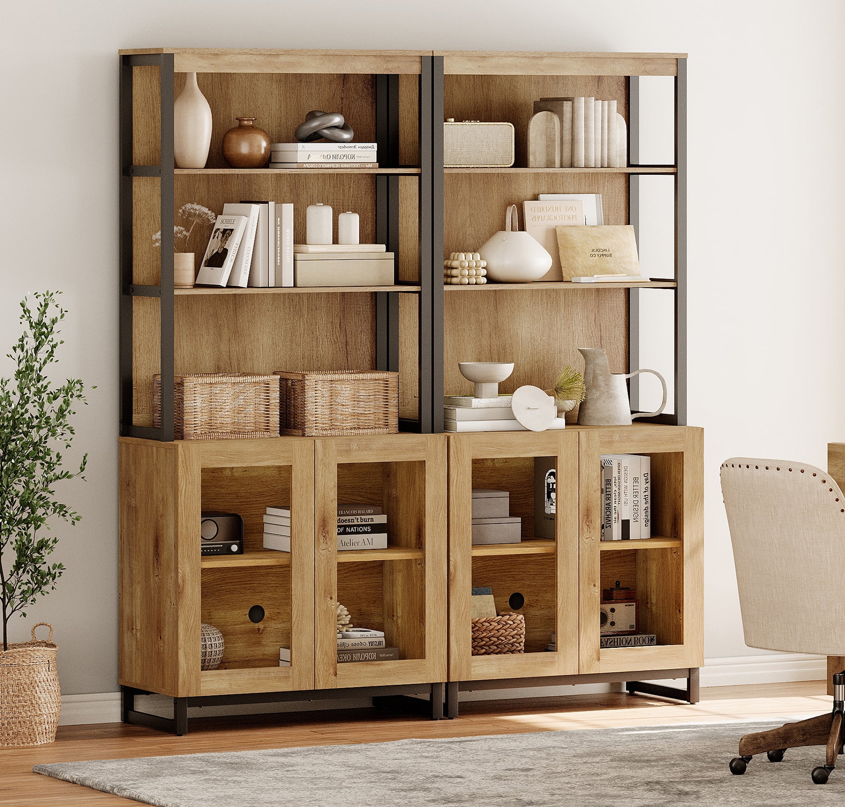WAMPAT 2-Piece Modern 72" Tall Library Bookcases with Glass Doors & Adjustable Shelves, Wood Bookshelves with Storage Cabinet & Open Shelves for Home Office & Living Room, Oak