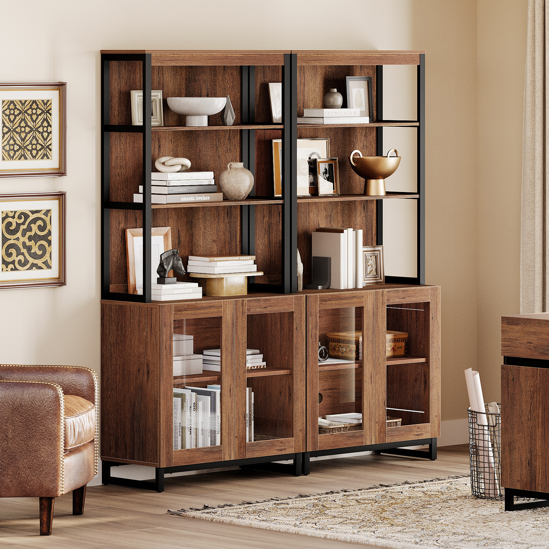 WAMPAT 2-Piece Modern 72" Tall Library Bookcases with Glass Doors & Adjustable Shelves, Wood Bookshelves with Storage Cabinet & Open Shelves for Home Office & Living Room, Brown