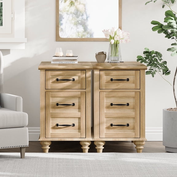 WAMPAT 2 Set Farmhouse Nightstand with Charging Station, End Table with Solid Wood Leg, Bedside Table with Storage Drawer&Power outlets USB Ports for Bedroom,Living Room,Oak