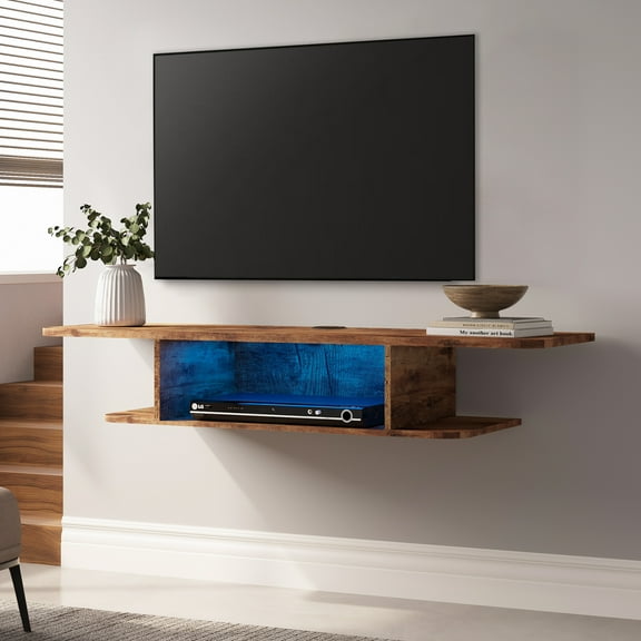 WAMPAT 2-Tier Floating TV Shelf with Blue LED Light,Modern Floating Entertainment Center Media Console Under TV for Living Room, Rustic Brown