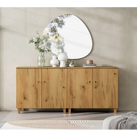 WAMPAT 2-in-1 Dresser Cabinets with 6 Compartments for Bedroom, Modern Wood Wide Dresser Chest with Doors, Oak Brown,1 Pack