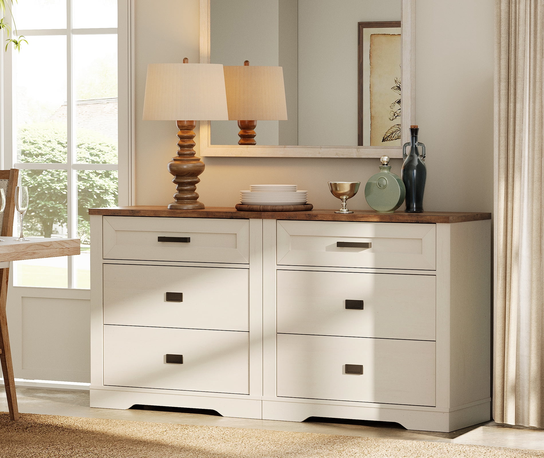 WAMPAT 2-in-1 Farmhouse 6 Drawers Dresser for Bedroom, 63" W Storage Dresser Chest of Drawers,Modern Farmhouse Closet Storage Organizer for Living Room,Hallway,Antique White
