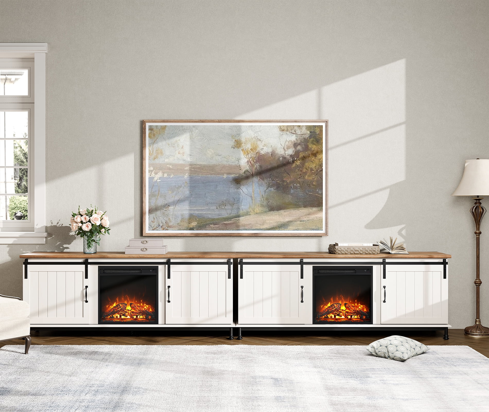 WAMPAT 2in1 Fireplace TV Stand for Up to 110 Inch TV, Farmhose Entertainment Center with 18