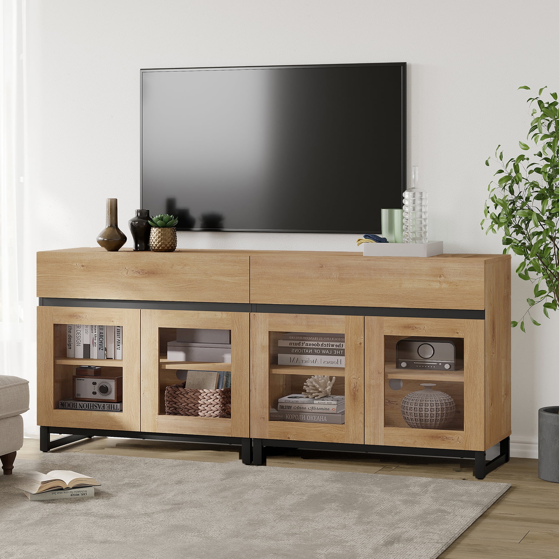 WAMPAT 2-in-1 Modern TV Stand with Glass Doors & 2 Drawers, Metal Base Entertainment Center for 70 Inch TVs, Media Console for Living Room & Bedroom