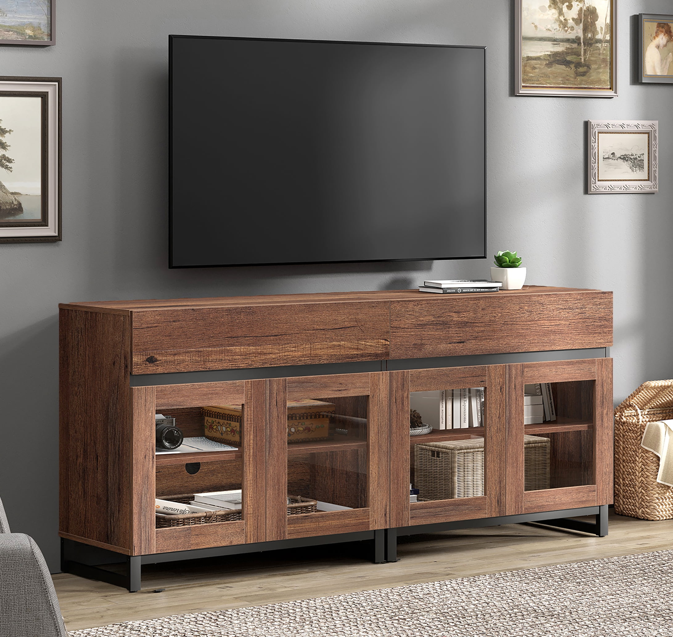 WAMPAT 2-in-1 Modern TV Stand with Glass Doors & 2 Drawers, Metal Base Entertainment Center for 70 Inch TVs, Media Console for Living Room & Bedroom