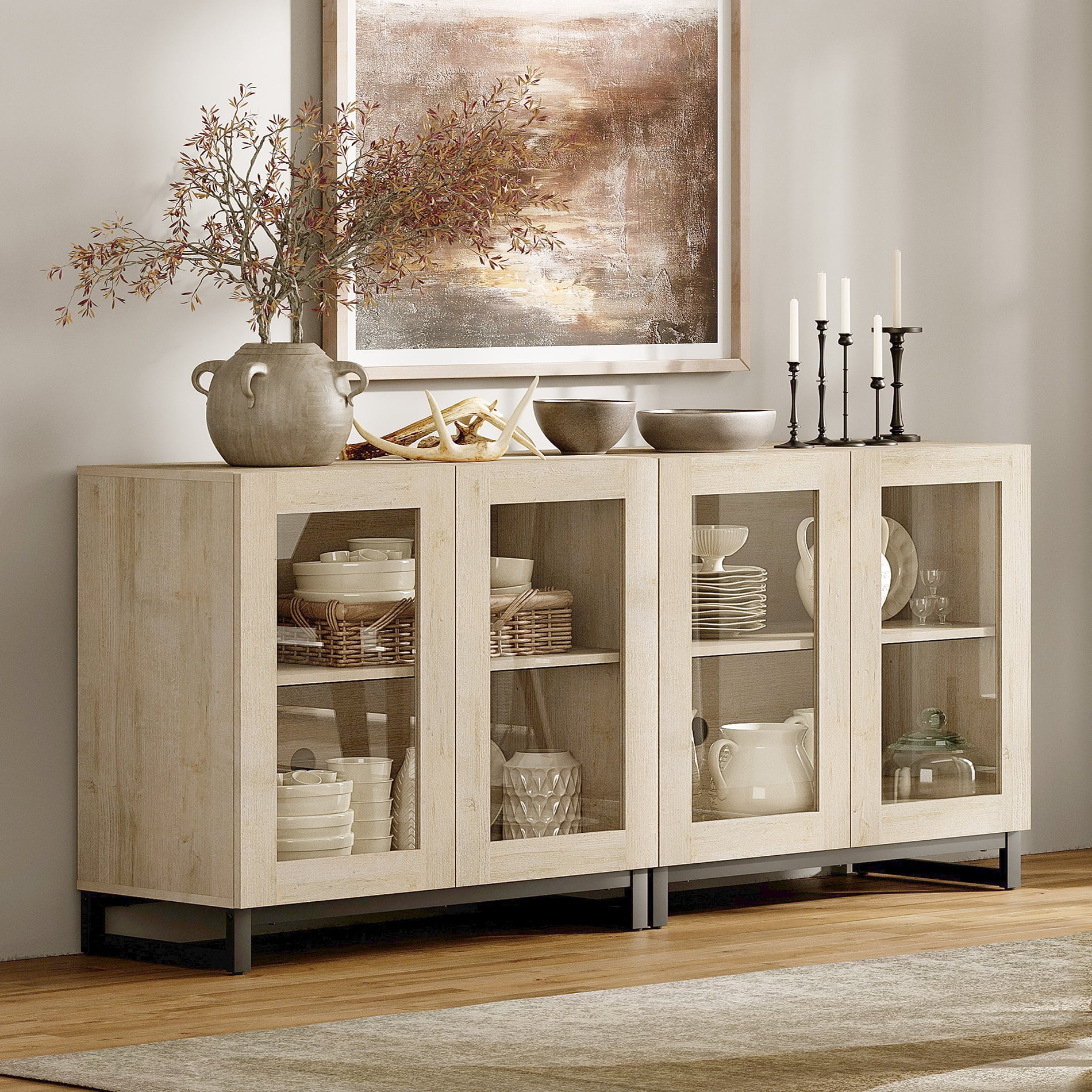 WAMPAT 2-in-1 Multifunctional Sideboard Buffet Cabinet with 4 Glass Doors and Adjustable Shelf Coffee Bar Storage Cabinet for Living Room Kitchen,Beige