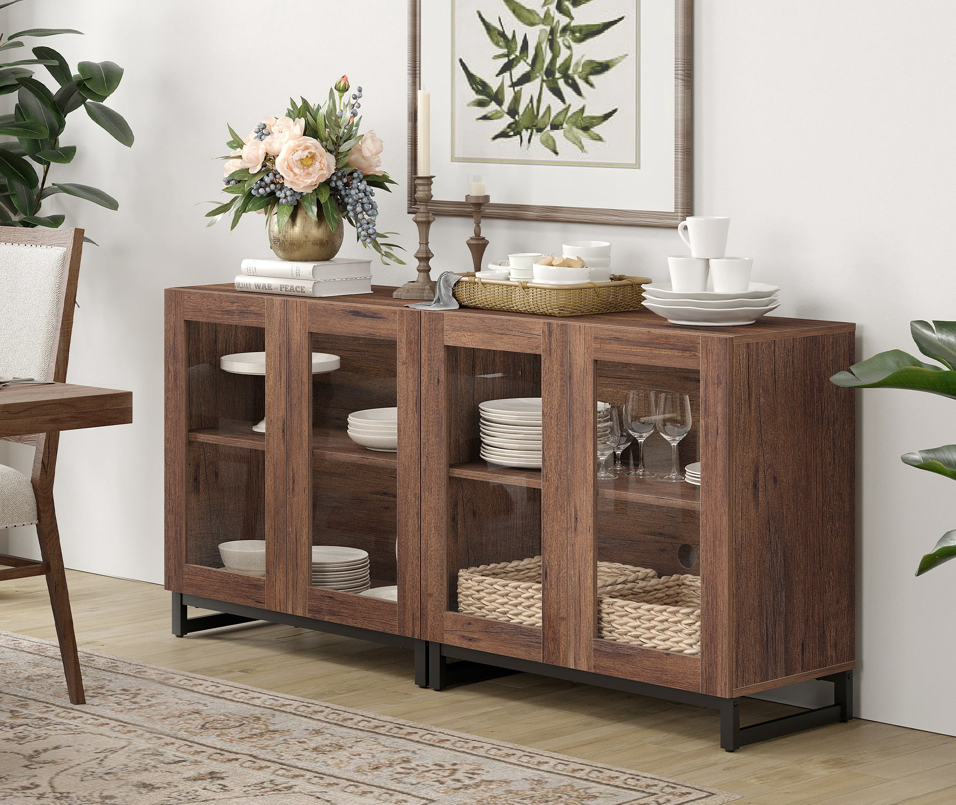 WAMPAT 2-in-1 Multifunctional Sideboard Buffet Cabinet with 4 Glass Doors and Adjustable Shelf Coffee Bar Storage Cabinet for Living Room Kitchen,Brown