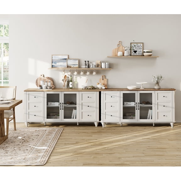 WAMPAT 2-in-1 Sideboard Buffet Cabinets with Glass Door, Kitchen Storage Cabinets, Wood Coffee Bar Tables, Accent Sideboard Storage Cabinet Table Dining Room, Living Room,White