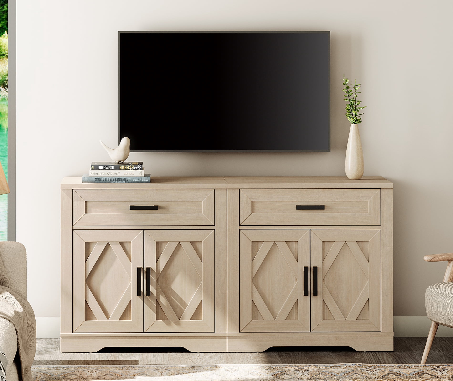 WAMPAT 2-in-1 TV Stand for up to 75" TVs,Farmhouse Entertainment Center with Storage Barn Door Cabinet,TV Console Table with Media Cabinet and Drawers for Living Room,Bedroom,Beige