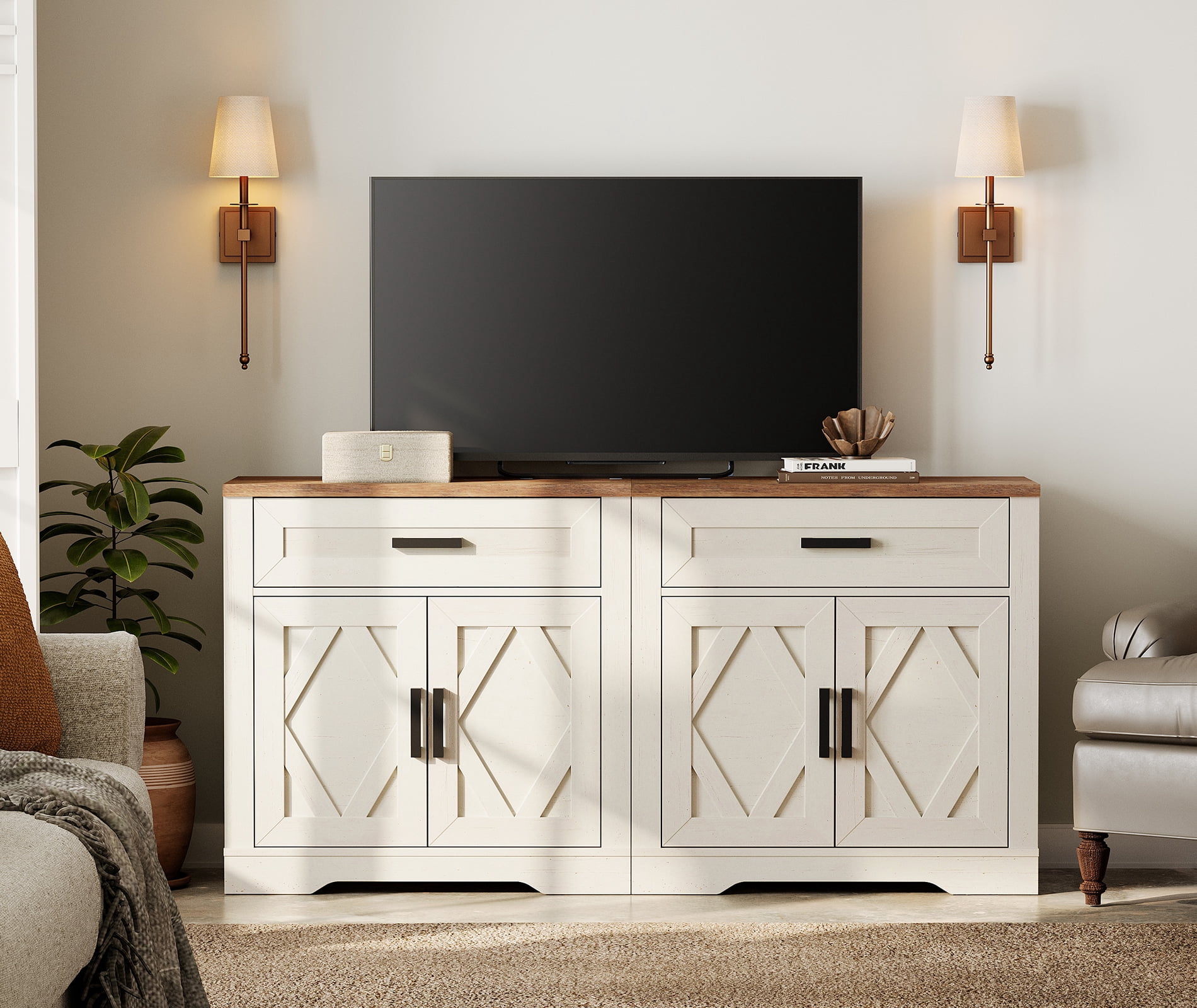 WAMPAT 2-in-1 TV Stand for up to 75" TVs,Farmhouse Entertainment Center with Storage Barn Door Cabinet,TV Console Table with Media Cabinet and Drawers for Living Room,Bedroom,Cream White