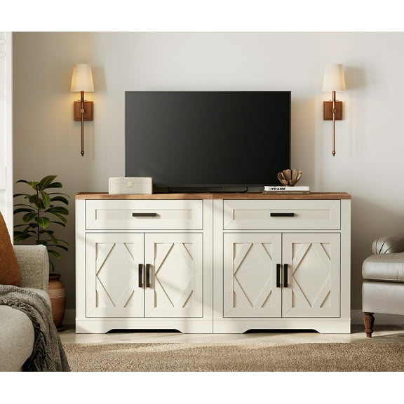 WAMPAT 2-in-1 TV Stand for up to 75" TVs,Farmhouse Entertainment Center with Storage Barn Door Cabinet,TV Console Table with Media Cabinet and Drawers for Living Room,Bedroom,Cream White