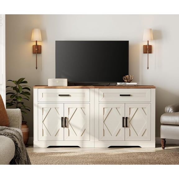 WAMPAT 2-in-1 TV Stand for up to 75" TVs,Farmhouse Entertainment Center with Storage Barn Door Cabinet,TV Console Table with Media Cabinet and Drawers for Living Room,Bedroom,Cream White