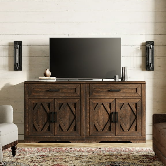 WAMPAT 2-in-1 TV Stand for up to 75" TVs,Farmhouse Entertainment Center with Storage Barn Door Cabinet,TV Console Table with Media Cabinet and Drawers for Living Room,Bedroom,Dark Brown