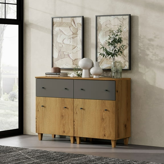 WAMPAT 2-in-1 Wood Dresser with 2 Drawers and 2 Cabinets for Bedroom, Modern Chest of Drawers, 47" Wide, Oak Brown&Dark Gray
