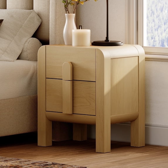 WAMPAT 23.7" Tall Modern Nightstand with Charging Station,Wood Bedside Table With 2 Drawers,Curved Profile Design,Sofa Side Table End Table for Bedroom, Living Room,Oak