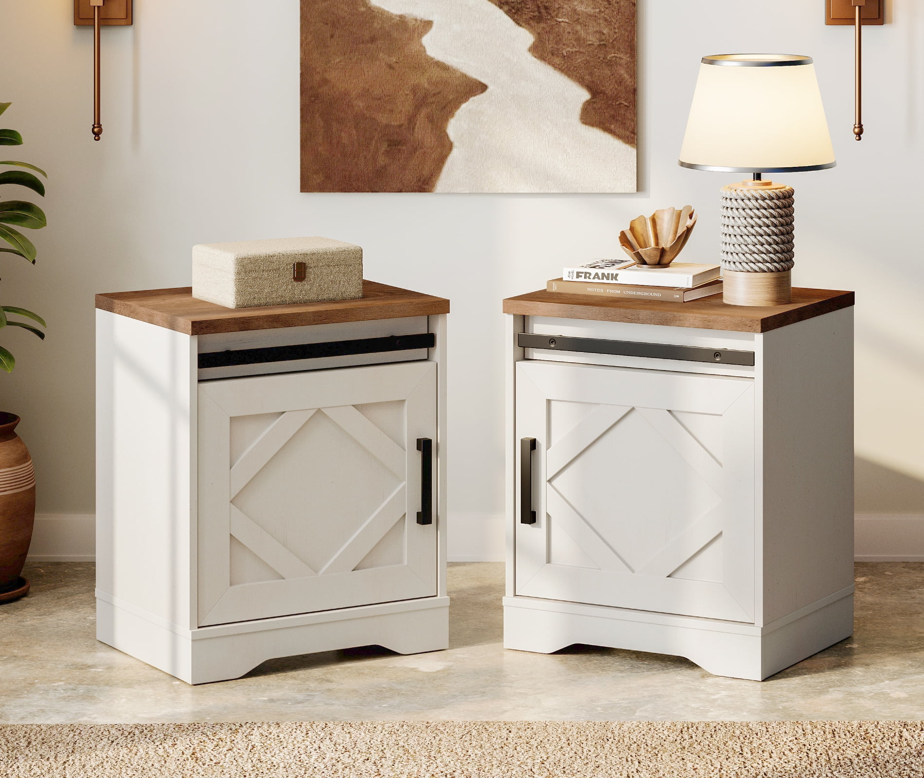 WAMPAT 24.3-inch Tall Farmhouse End Table Set of 2 with Drawer and Barn Door Cabinets for Living Room,Wood Scoring-Style Purposeful Distressing,Cream White