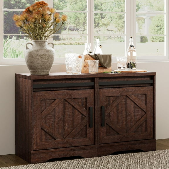 WAMPAT 24.3-inch Tall Farmhouse End Table Set of 2 with Drawer and Barn Door Cabinets for Living Room,Wood Scoring-Style Purposeful Distressing,Rustic Brown