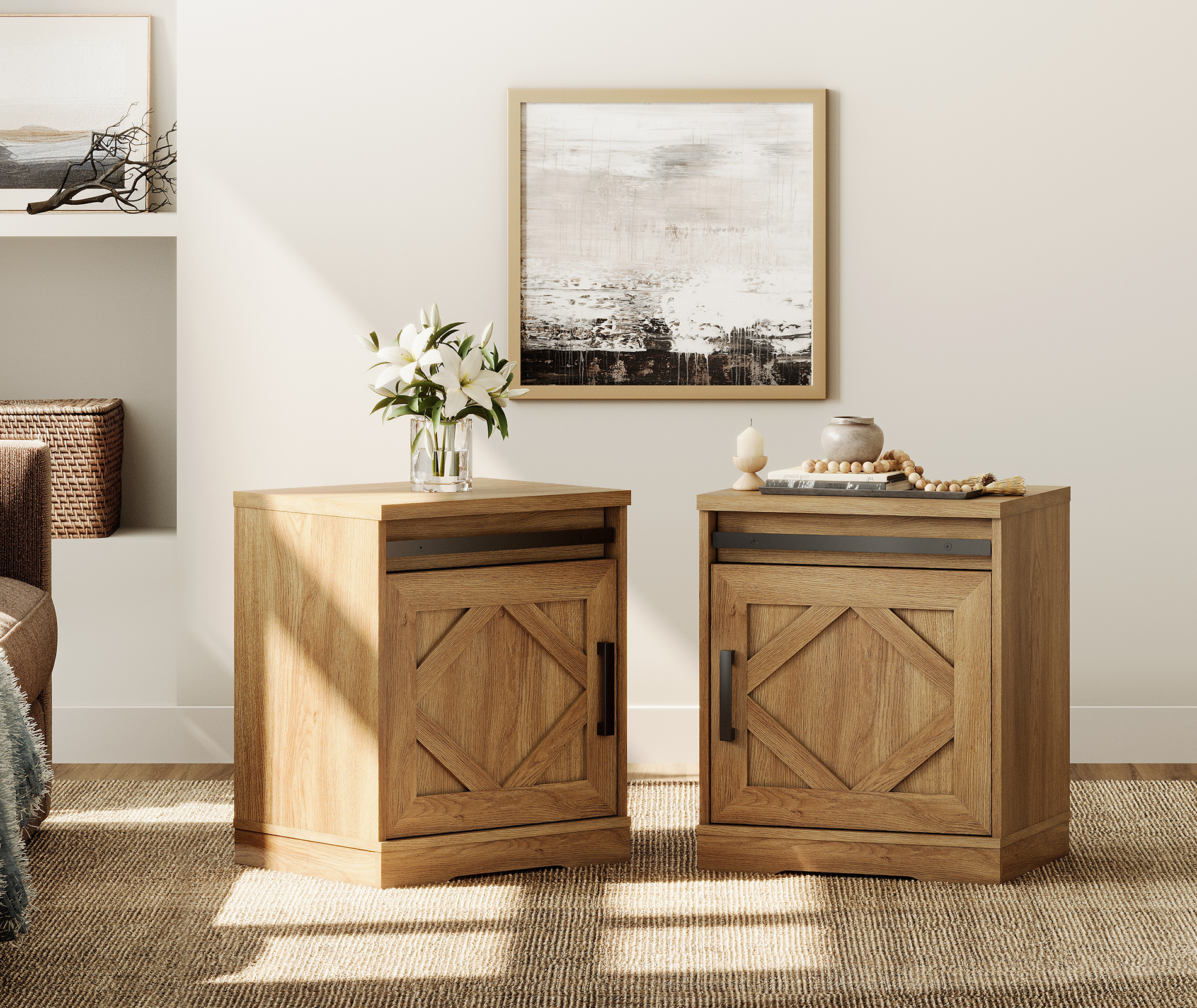 WAMPAT 24.3-inch Tall Farmhouse End Table Set of 2 with Drawer and Barn Door Cabinets for Living Room,Wood Scoring-Style Purposeful Distressing,Vintage Oak