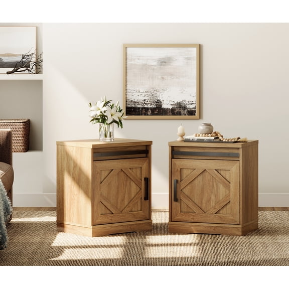 WAMPAT 24.3-inch Tall Farmhouse End Table Set of 2 with Drawer and Barn Door Cabinets for Living Room,Wood Scoring-Style Purposeful Distressing,Vintage Oak