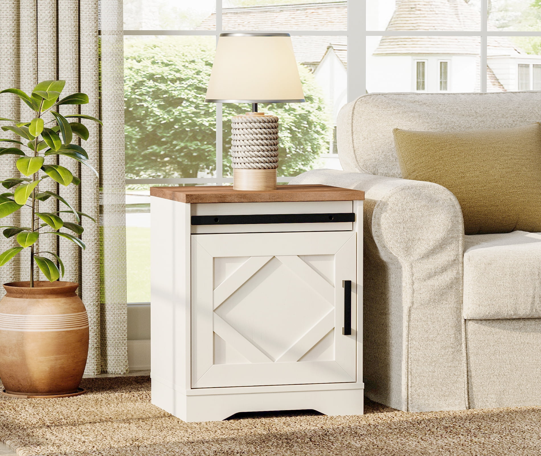 WAMPAT 24.3-inch Tall Farmhouse End Table with Drawer and Barn Door Cabinet for Living Room,Wood Scoring-Style Purposeful Distressing,Cream White