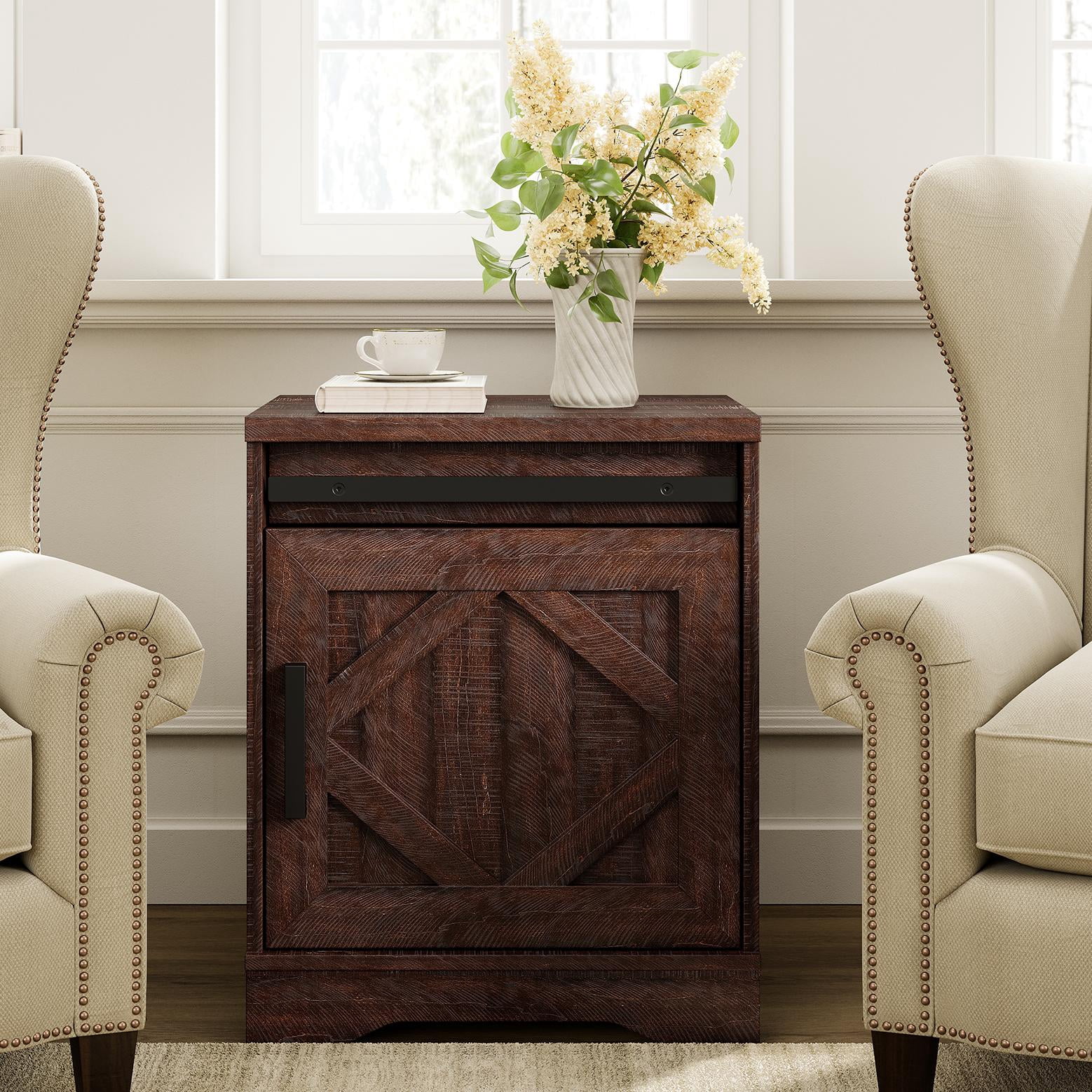 WAMPAT 24.3-inch Tall Farmhouse End Table with Drawer and Barn Door Cabinet for Living Room,Wood Scoring-Style Purposeful Distressing,Rustic Brown