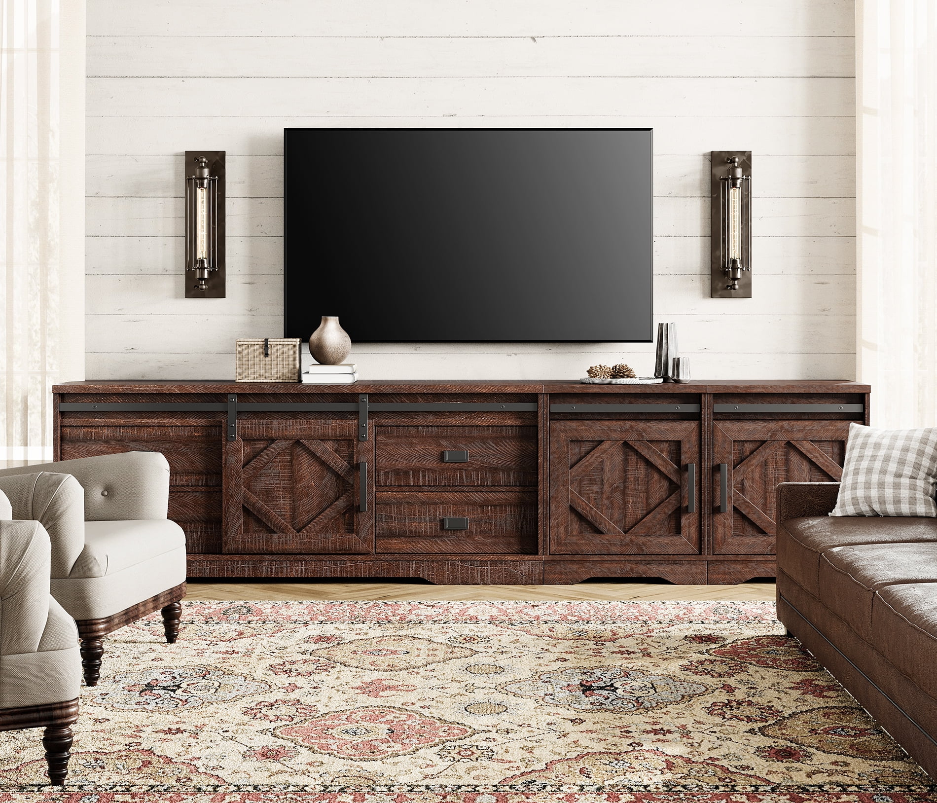 WAMPAT 3 in 1 Farmhouse TV Stand for TVs up to 110",Wood Entertainment Center with Drawers and Adjustable Shelves,TV Console Table with Barn Door for Living Room,Rustic Brown