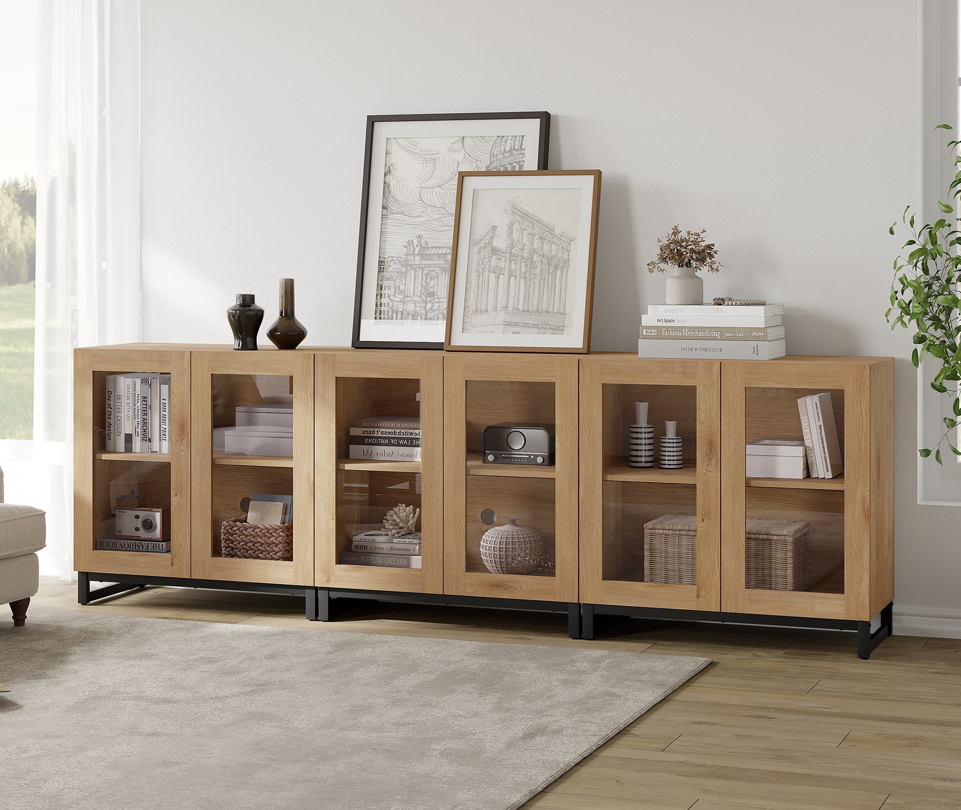 WAMPAT 3 in 1 Multifunctional Sideboard Buffet Cabinets with 6 Glass Doors, Modern Sideboard Credenza with Adjustable Shelf, Coffee Bar Storage Cabinet for Living Room, Kitchen, Oak