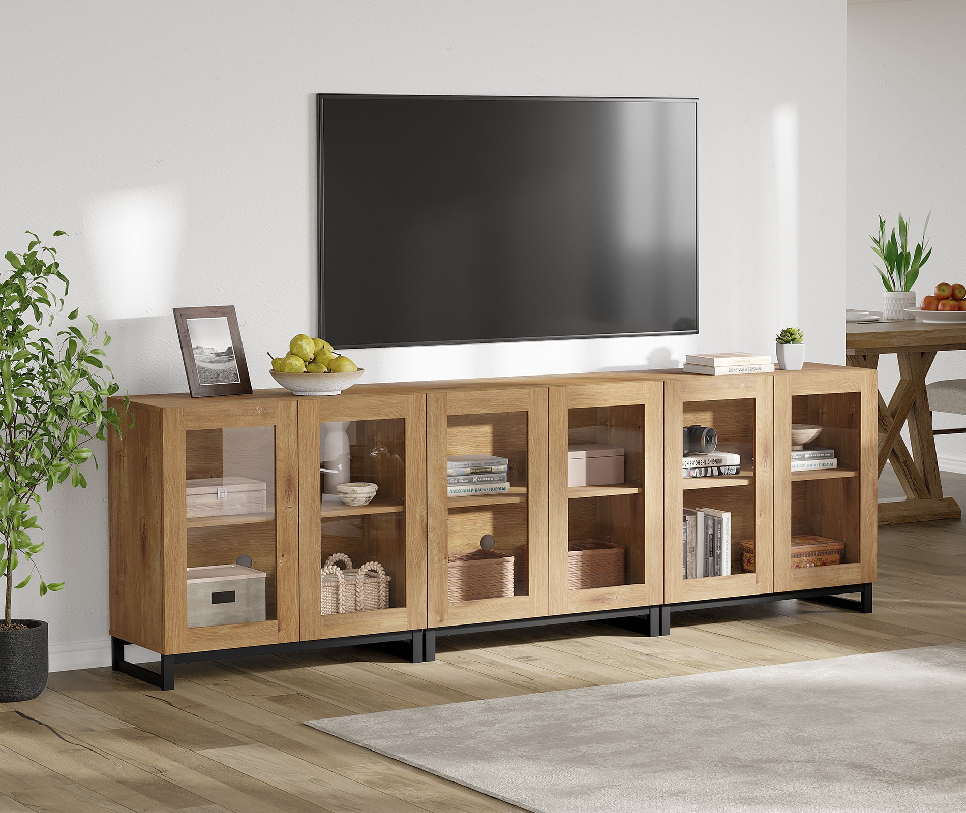 WAMPAT Modern TV Stand with Glass Doors for 110 inch TVs, Farmhouse Entertainment Center TV Console with Adjustable Shelves for Living Room, Bedroom, Oak