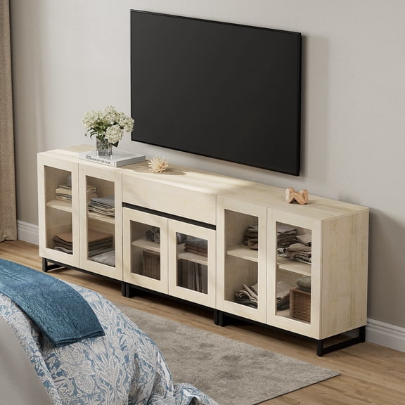 WAMPAT 3 in 1 TV Stand for TVs up to 100 inch, Modern Entertainment Center with Glass Doors and Drawer, TV Console with Adjustable Shelf for Living Room, Bedroom, Beige