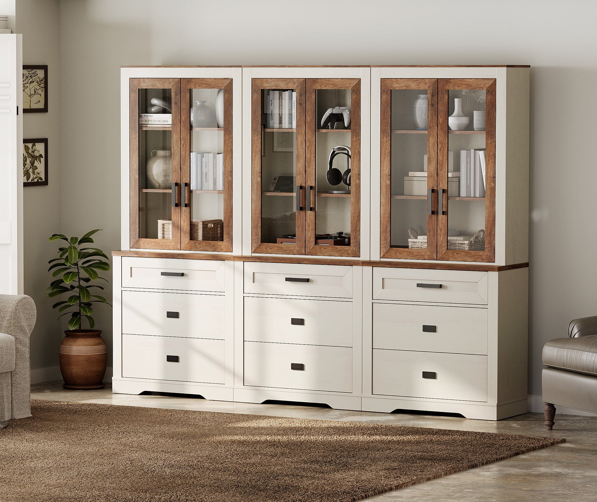 WAMPAT 3 Column 3 Tier Bookcase with Drawer,73.3" Tall Floor Standing Bookshelf,Modern Farmhouse Display Storage Cabinet with Adjustable Shelves for Living Room,White Oak