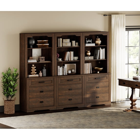 WAMPAT 3 Column 3 Tier Bookcase with Drawer,73.3" Tall Floor Standing Bookshelf,Modern Farmhouse Display Storage Cabinet with Adjustable Shelves,Rustic Brown