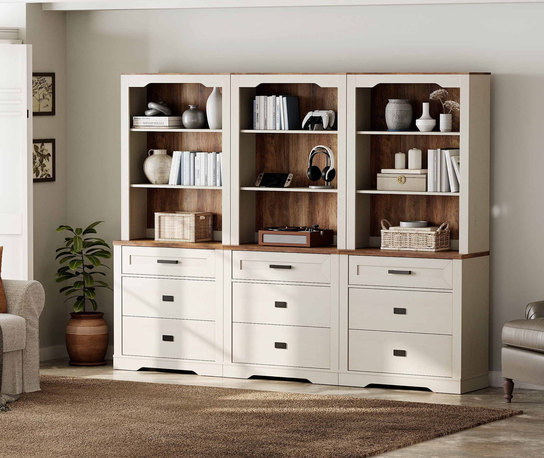 WAMPAT 3 Column 3 Tier Bookcase with Drawer,73.3