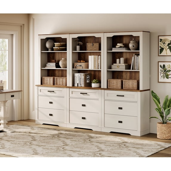 WAMPAT 3 Column 3 Tier Bookcase with Drawer,73.3" Tall Floor Standing Bookshelf,Modern Farmhouse Display Storage Cabinet with Adjustable Shelves,Rustic White