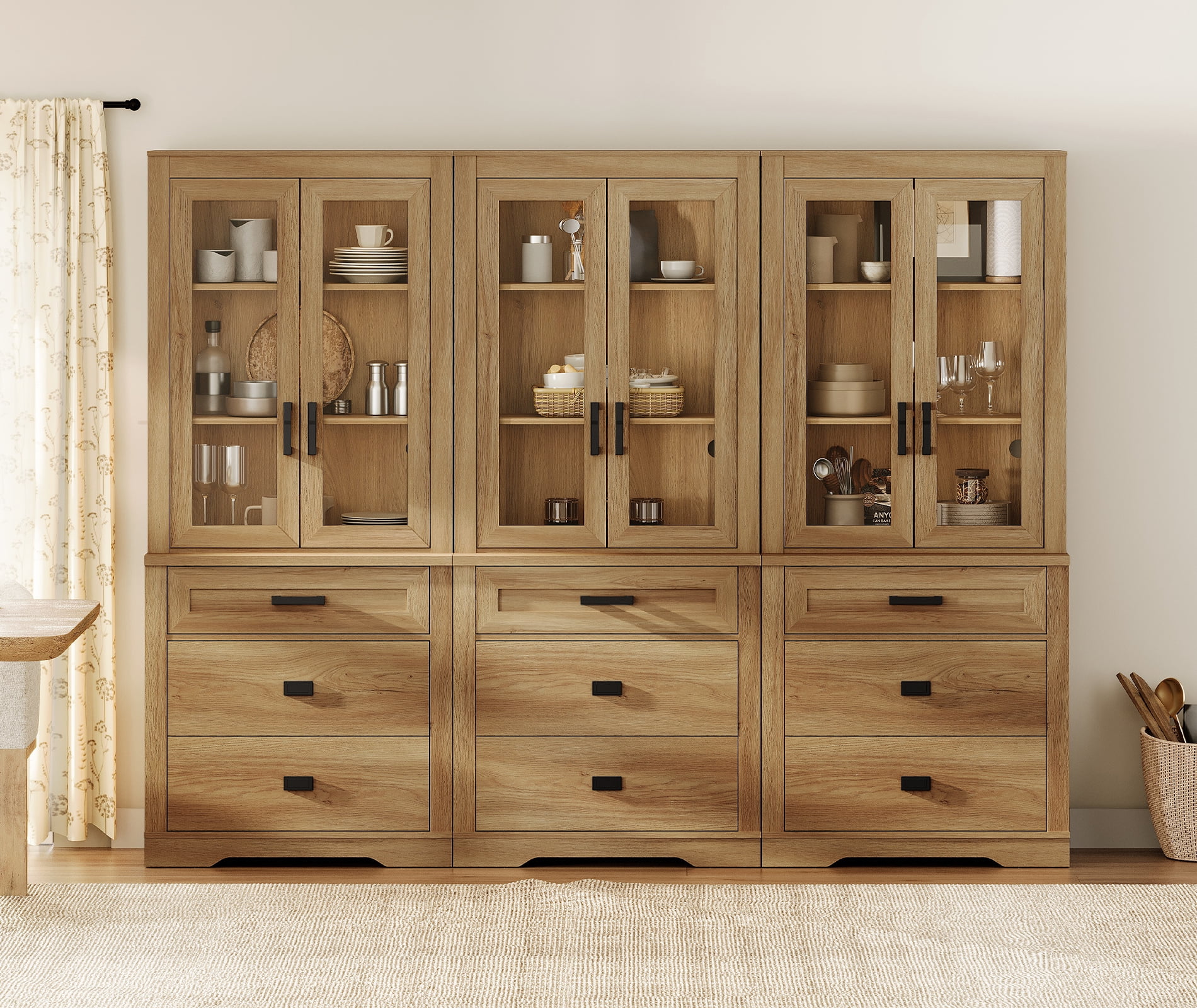 WAMPAT 3 Column 3 Tier Bookcase with Drawer,73.3" Tall Floor Standing Bookshelf,Modern Farmhouse Display Storage Cabinet with Adjustable Shelves,Walnut