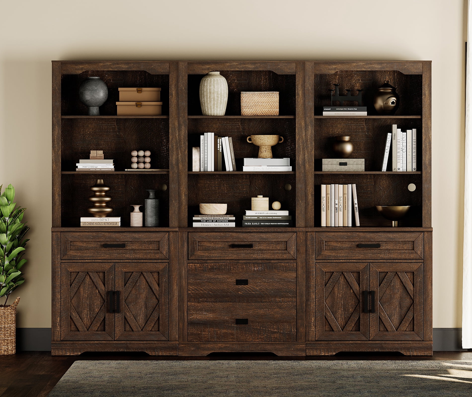 WAMPAT 3 Column Bookcase with Drawer,73.3" Tall Floor Standing Bookshelf,Modern Farmhouse Display Storage Cabinet with Adjustable Shelves,Rustic Brown